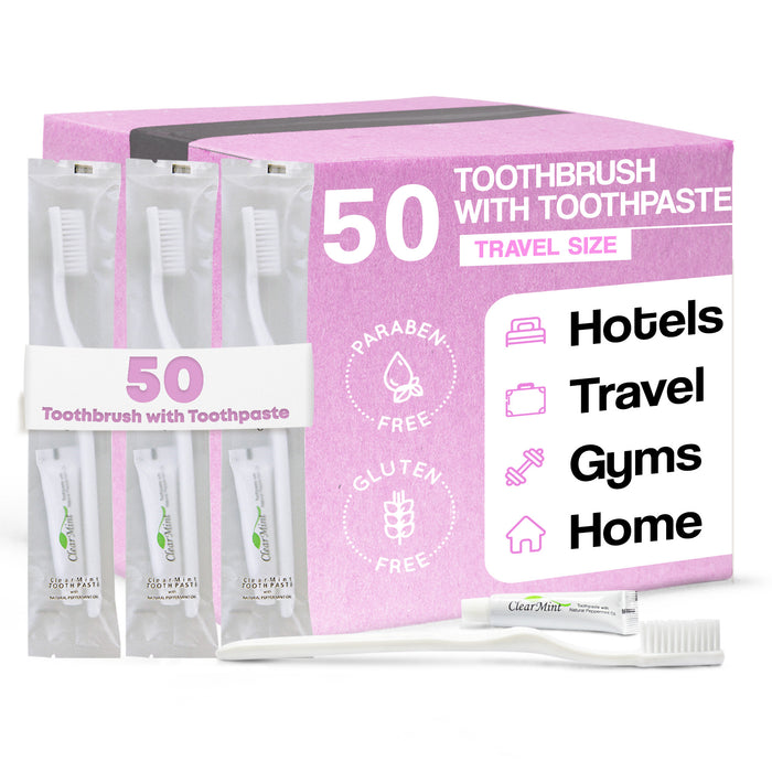 Bulk Disposable Hotel Toothbrush with Toothpaste Dental Kit | Hotels and Vacation Rentals | Individually Wrapped | (Case of 50)
