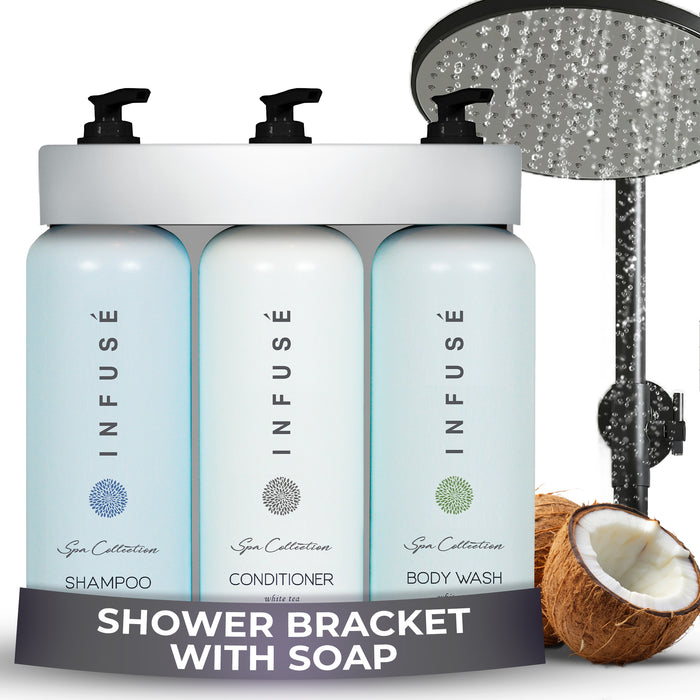 Acquavera Triple Bracket (Silver) with Infuse White Tea and Coconut Shampoo, Conditioner and Body Wash