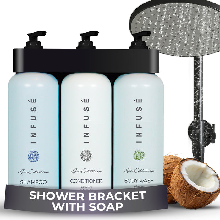 Acquavera Triple Bracket (Black) with Infuse White Tea and Coconut Shampoo, Conditioner and Body Wash