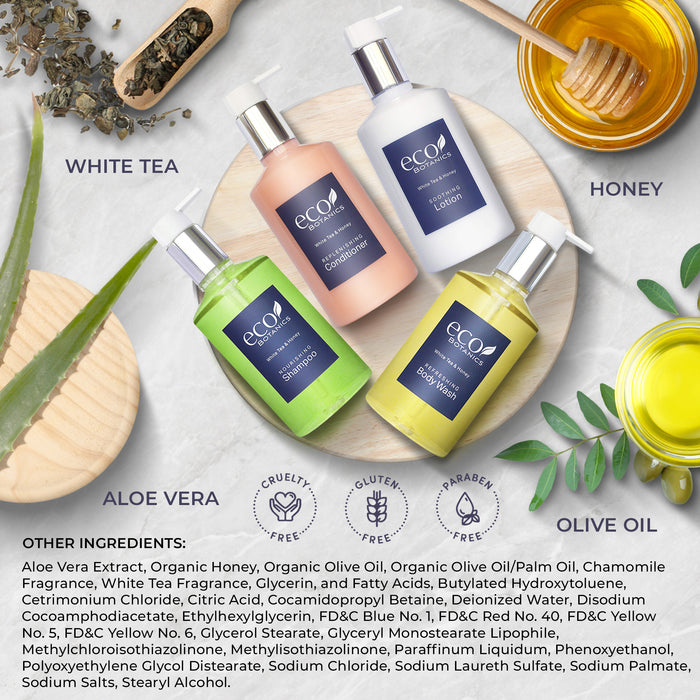 A 10 Piece EcoBox All-in-Kit of our Eco Botanics 10.14 oz. 300 ml Bottles--3 Shampoos, 2 Conditioners, 3 Body Washes, & 2 Lotions.