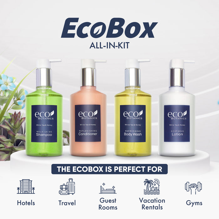A 10 Piece EcoBox All-in-Kit of our Eco Botanics 10.14 oz. 300 ml Bottles--3 Shampoos, 2 Conditioners, 3 Body Washes, & 2 Lotions.