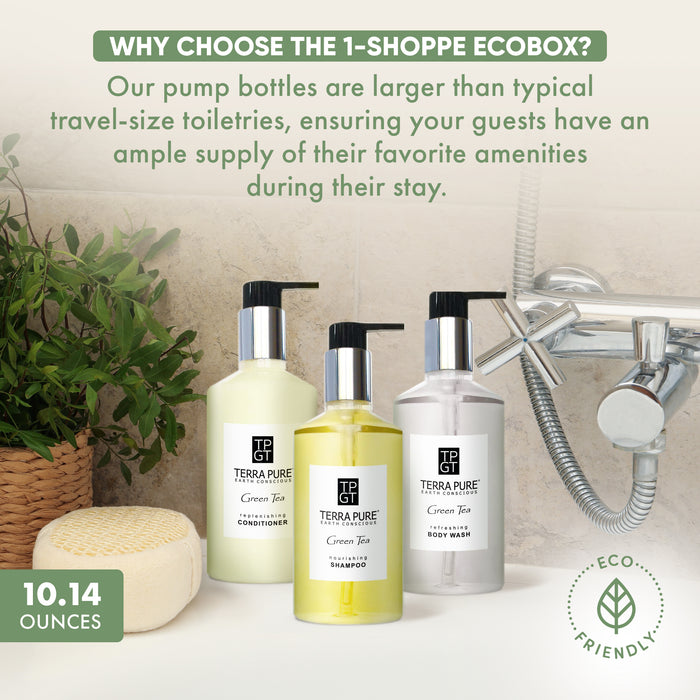 A 20 Piece EcoBox All-in-Kit of our Terra Pure Green Tea 10.14 oz. 300 ml Bottles--6 Shampoos, 4 Conditioners, 6 Body Washes, & 4 Lotions.