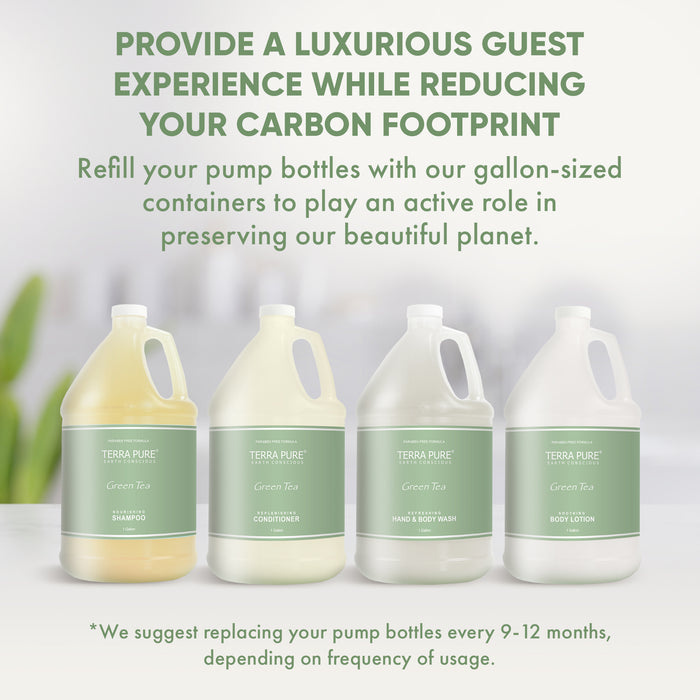 A 20 Piece EcoBox All-in-Kit of our Terra Pure Green Tea 10.14 oz. 300 ml Bottles--6 Shampoos, 4 Conditioners, 6 Body Washes, & 4 Lotions.
