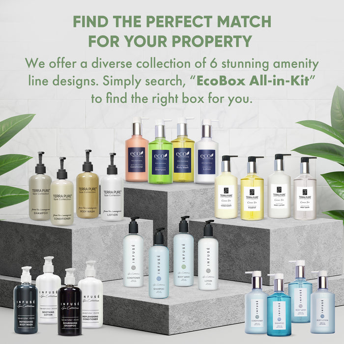A 20 Piece EcoBox All-in-Kit of our Terra Pure Green Tea 10.14 oz. 300 ml Bottles--6 Shampoos, 4 Conditioners, 6 Body Washes, & 4 Lotions.