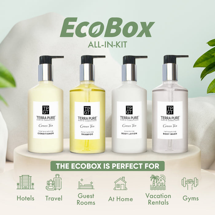A 20 Piece EcoBox All-in-Kit of our Terra Pure Green Tea 10.14 oz. 300 ml Bottles--6 Shampoos, 4 Conditioners, 6 Body Washes, & 4 Lotions.