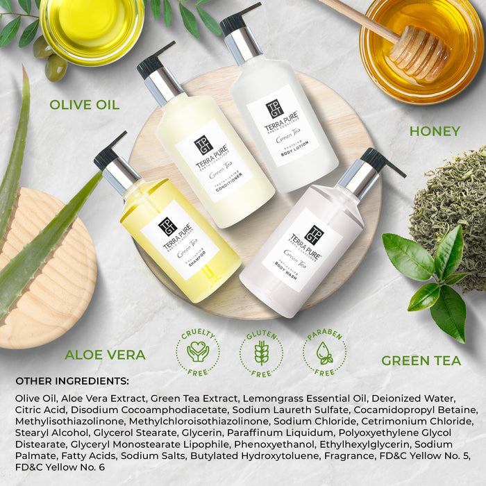 A 20 Piece EcoBox All-in-Kit of our Terra Pure Green Tea 10.14 oz. 300 ml Bottles--6 Shampoos, 4 Conditioners, 6 Body Washes, & 4 Lotions.