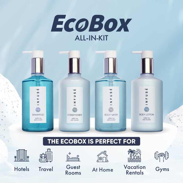 A 10 Piece EcoBox All-in-Kit of our Infuse 10.14 oz. 300 ml Bottles--3 Shampoos, 2 Conditioners, 3 Body Washes, & 2 Lotions.