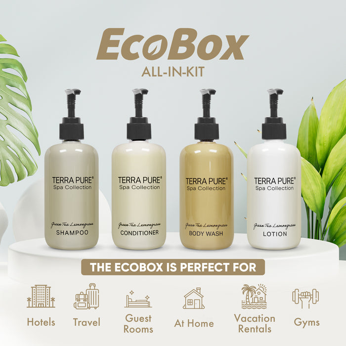 A 20 Piece EcoBox All-in-Kit of our Terra Pure Spa Collection 10.14 oz. 300 ml Bottles--6 Shampoos, 4 Conditioners, 6 Body Washes, & 4 Lotions.