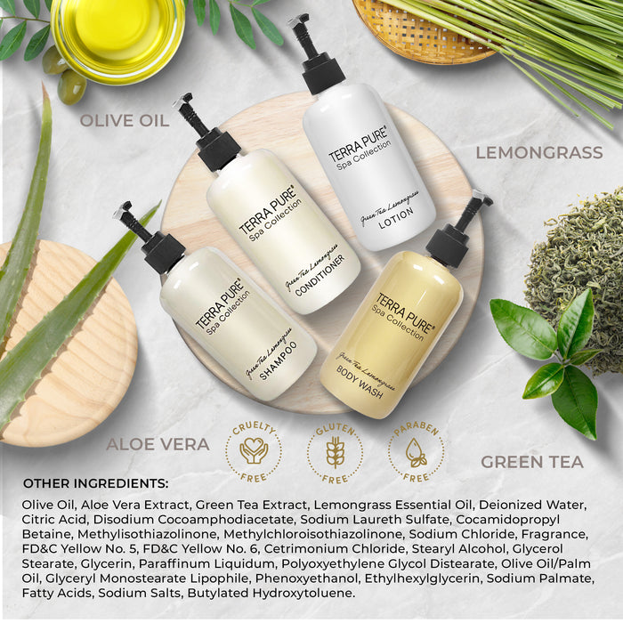 A 20 Piece EcoBox All-in-Kit of our Terra Pure Spa Collection 10.14 oz. 300 ml Bottles--6 Shampoos, 4 Conditioners, 6 Body Washes, & 4 Lotions.