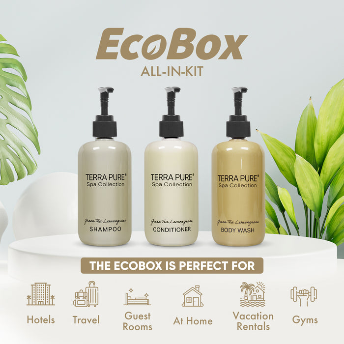 A 15 Piece EcoBox All-in-Kit of our Terra Pure Spa Collection 10.14 oz. 300 ml Bottles--6 Shampoos, 3 Conditioners, & 6 Body Washes