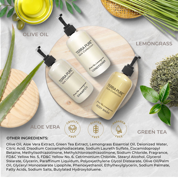 A 15 Piece EcoBox All-in-Kit of our Terra Pure Spa Collection 10.14 oz. 300 ml Bottles--6 Shampoos, 3 Conditioners, & 6 Body Washes