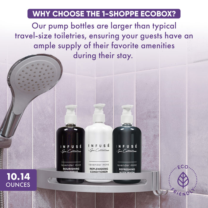 A 15 Piece EcoBox All-in-Kit of our Infuse Lavender Mint 10.14 oz. 300 ml Bottles--6 Shampoos, 3 Conditioners, & 6 Body Washes