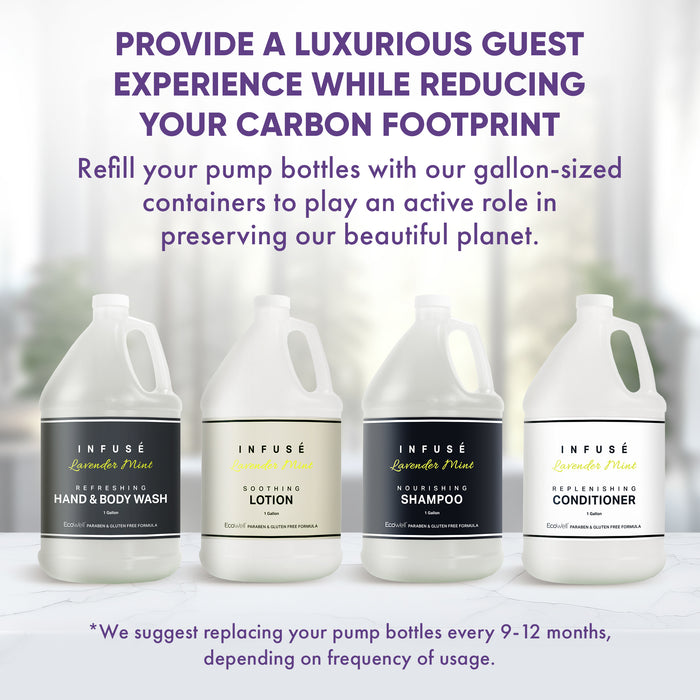 A 15 Piece EcoBox All-in-Kit of our Infuse Lavender Mint 10.14 oz. 300 ml Bottles--6 Shampoos, 3 Conditioners, & 6 Body Washes