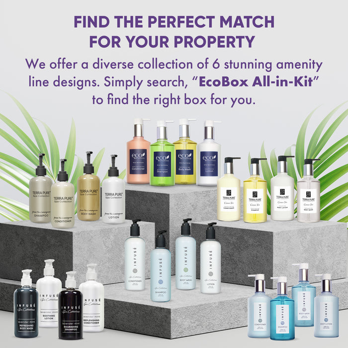 A 15 Piece EcoBox All-in-Kit of our Infuse Lavender Mint 10.14 oz. 300 ml Bottles--6 Shampoos, 3 Conditioners, & 6 Body Washes