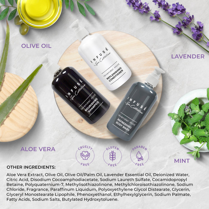 A 15 Piece EcoBox All-in-Kit of our Infuse Lavender Mint 10.14 oz. 300 ml Bottles--6 Shampoos, 3 Conditioners, & 6 Body Washes