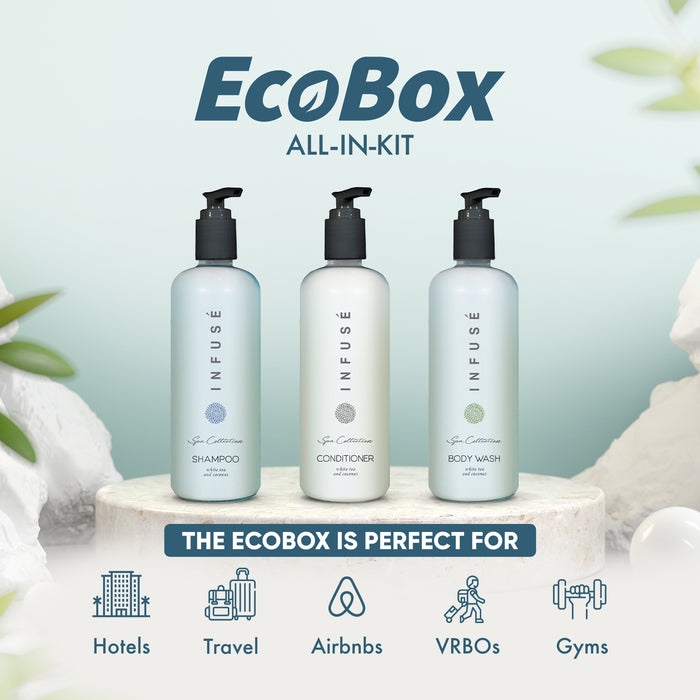 A 15 Piece EcoBox All-in-Kit of our Aquavera 10.14 oz. 300 ml Bottles--6 Shampoos, 3 Conditioners, & 6 Body Washes