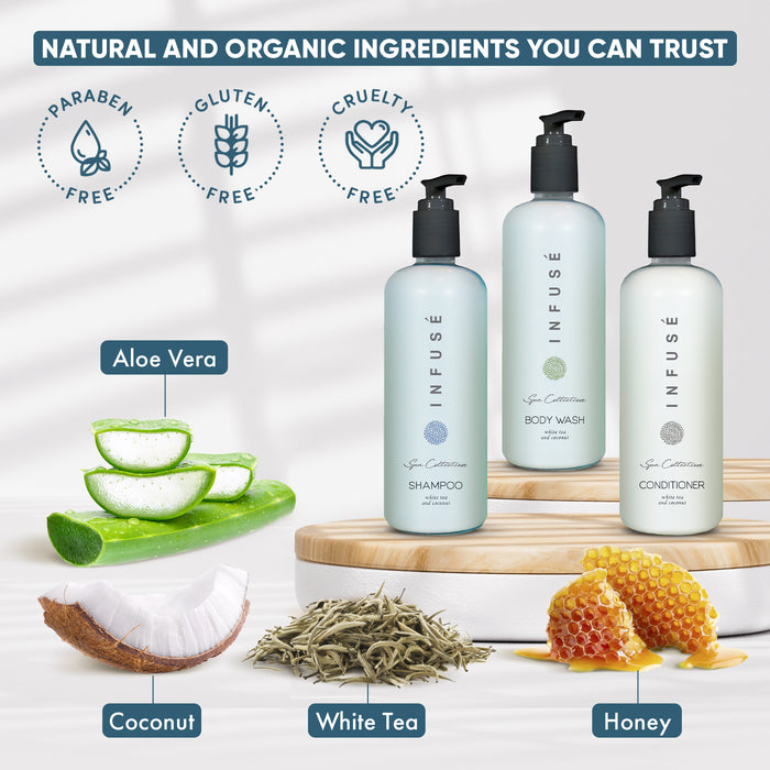 A 15 Piece EcoBox All-in-Kit of our Aquavera 10.14 oz. 300 ml Bottles--6 Shampoos, 3 Conditioners, & 6 Body Washes