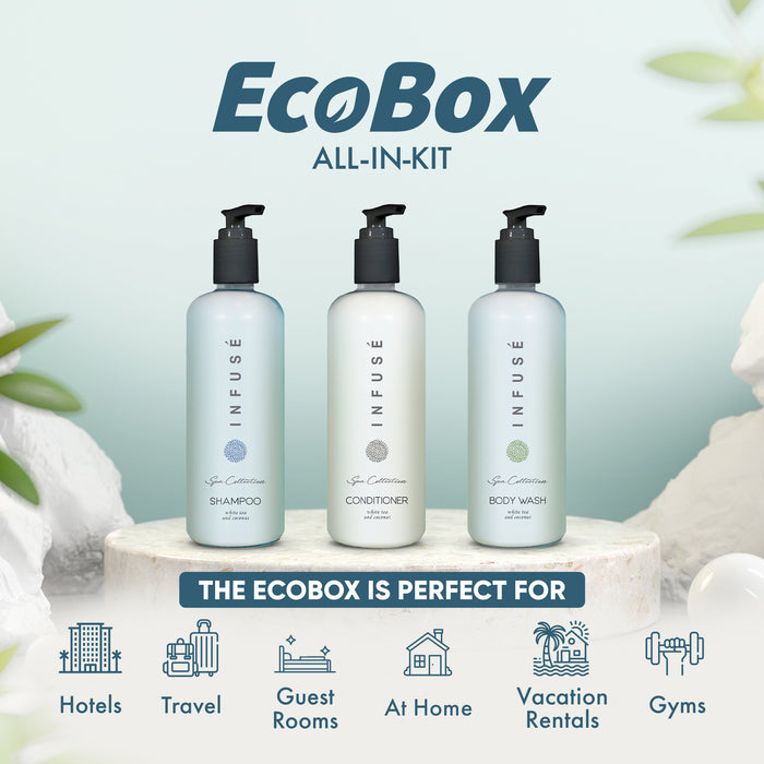 A 15 Piece EcoBox All-in-Kit of our Aquavera 10.14 oz. 300 ml Bottles--6 Shampoos, 3 Conditioners, & 6 Body Washes