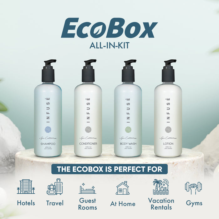 A 20 Piece EcoBox All-in-Kit of our Aquavera 10.14 oz. 300 ml Bottles--6 Shampoos, 4 Conditioners, 6 Body Washes, & 4 Lotions.