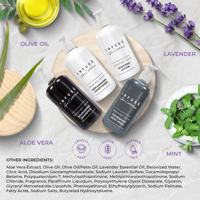 A 10 Piece EcoBox All-in-Kit of our Infuse Lavender Mint 10.14 oz. 300 ml Bottles--3 Shampoos, 2 Conditioners, 3 Body Washes, & 2 Lotions.