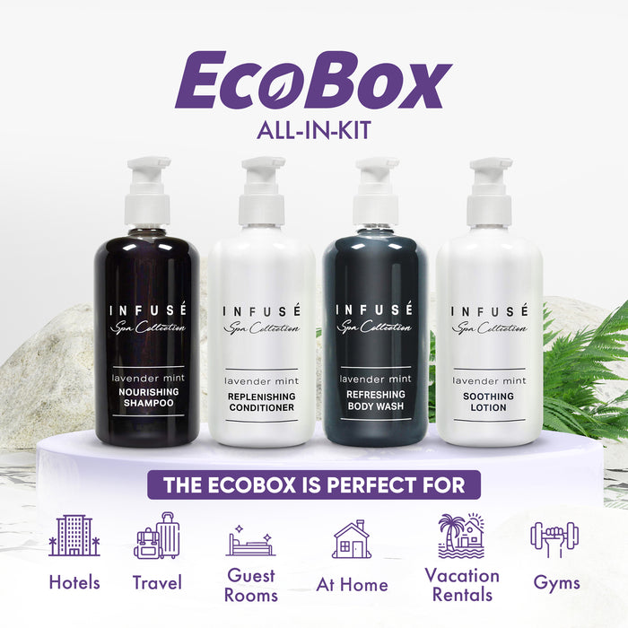 A 10 Piece EcoBox All-in-Kit of our Infuse Lavender Mint 10.14 oz. 300 ml Bottles--3 Shampoos, 2 Conditioners, 3 Body Washes, & 2 Lotions.