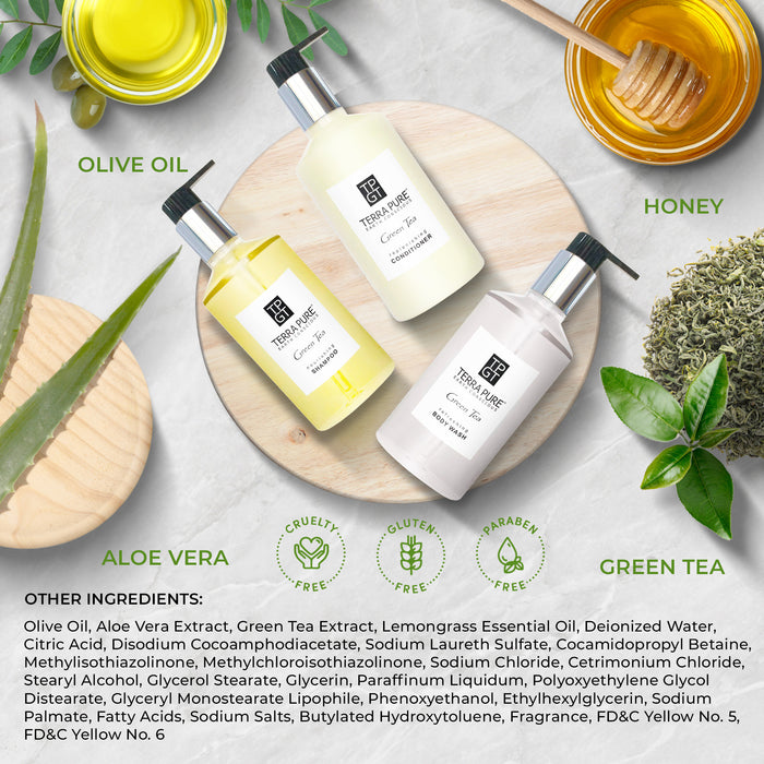 A 15 Piece EcoBox All-in-Kit of our Terra Pure Green Tea 10.14 oz. 300 ml Bottles--6 Shampoos, 3 Conditioners, & 6 Body Washes