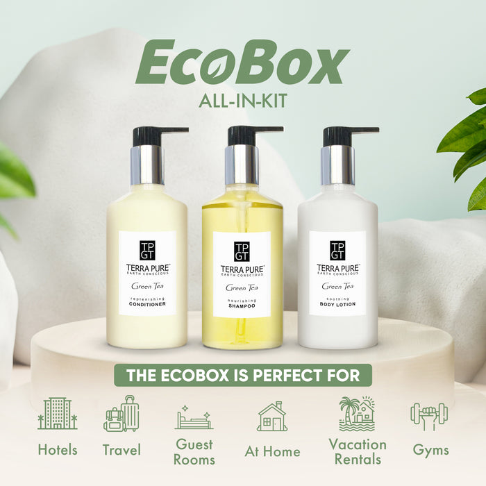 A 15 Piece EcoBox All-in-Kit of our Terra Pure Green Tea 10.14 oz. 300 ml Bottles--6 Shampoos, 3 Conditioners, & 6 Body Washes