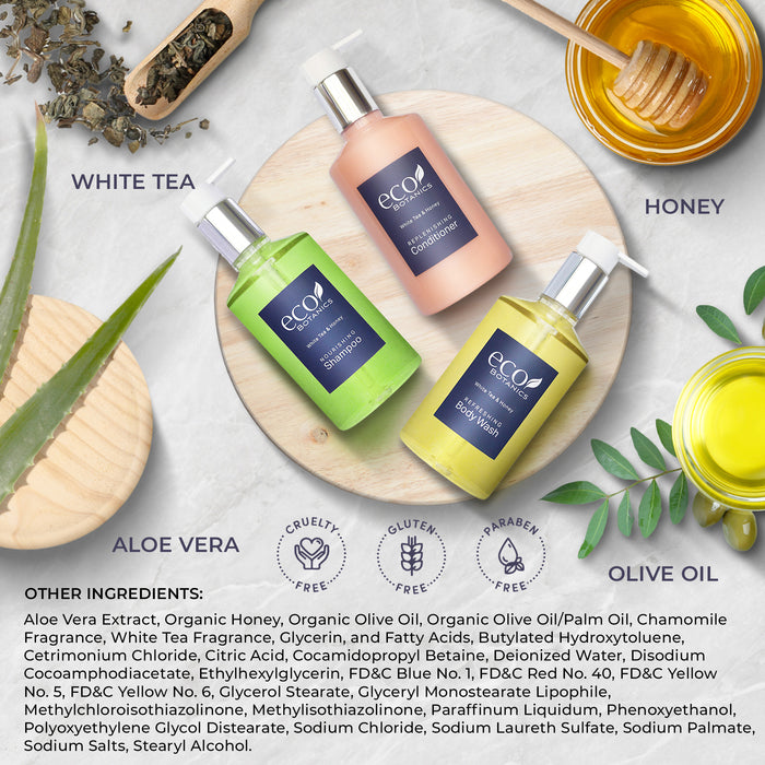 A 30 Piece EcoBox All-in-Kit of our Eco Botanics 10.14 oz. 300 ml Bottles--12 Shampoos, 6 Conditioners, & 12 Body Washes