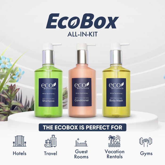 A 30 Piece EcoBox All-in-Kit of our Eco Botanics 10.14 oz. 300 ml Bottles--12 Shampoos, 6 Conditioners, & 12 Body Washes