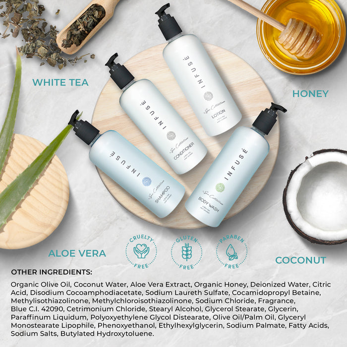 A 20 Piece EcoBox All-in-Kit of our Aquavera 10.14 oz. 300 ml Bottles--6 Shampoos, 4 Conditioners, 6 Body Washes, & 4 Lotions.