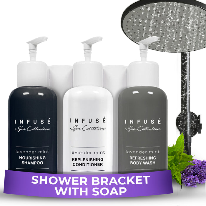 Infuse Lavender Mint | Wall-Mounted No Drill Shower Soap Amenities Dispenser | 10.14 oz. / 300 ml Bottles | Tamper Proof Locking Bracket | 1 Bracket with Shampoo, Conditioner and Body Wash