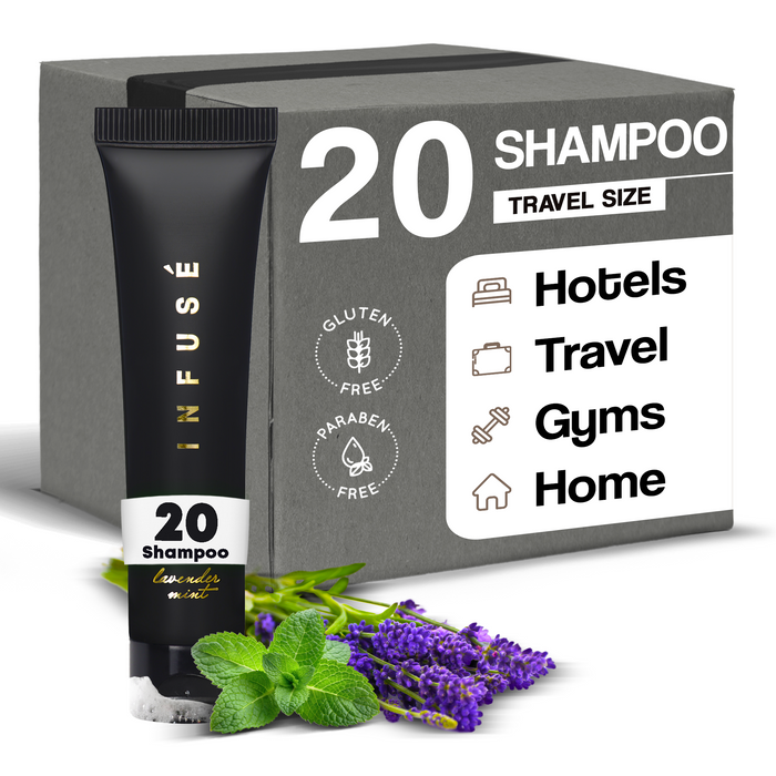 Infuse Black Hotel Toiletries Bulk, Amenities for Guest Hospitality, Motel, AirBnB, Gym, Luxury, Airport | Travel-Size Hotel Shampoo 1 oz (Case of 20)