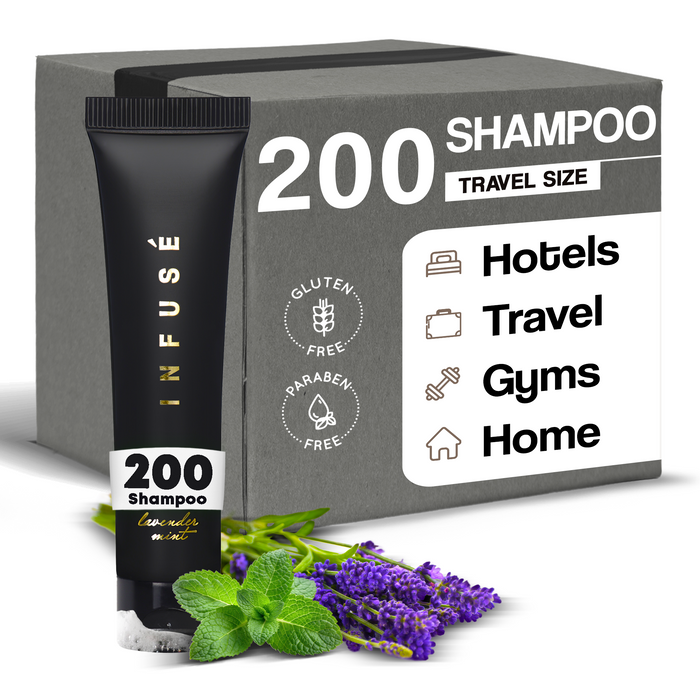 Infuse Black Hotel Toiletries Bulk, Amenities for Guest Hospitality, Motel, AirBnB, Gym, Luxury, Airport | Travel-Size Hotel Shampoo 1 oz | (Case of 200)