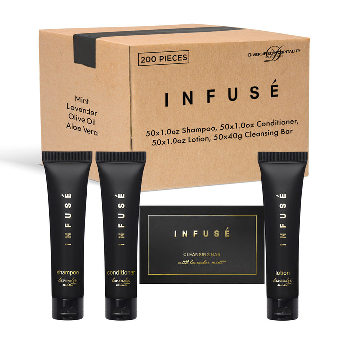 Infuse Black Hotel Soaps and Toiletries Bulk Set | 1-Shoppe All-In-Kit Amenities for Hotels & Airbnb | 1 oz Hotel Shampoo & Conditioner, Lotion, 1.25 oz Bar Soap Travel Size | 200 Pieces