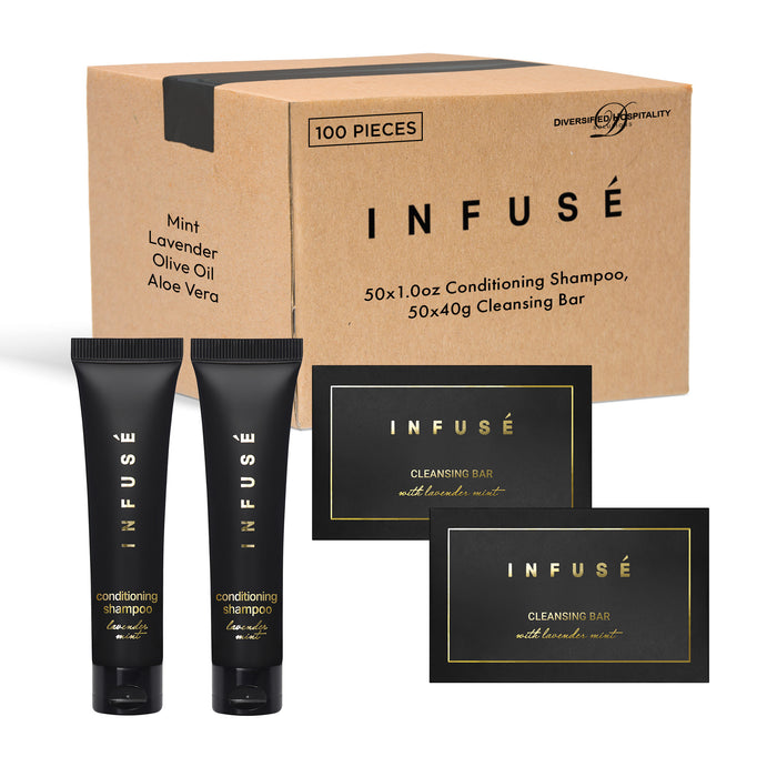Infuse Black Hotel Soaps and Toiletries Bulk Set | 1-Shoppe All-In-Kit Amenities for Hotels & Airbnb | 1 oz Hotel Cleansing Bar and Conditioning Shampoo Travel Size | 100 Pieces