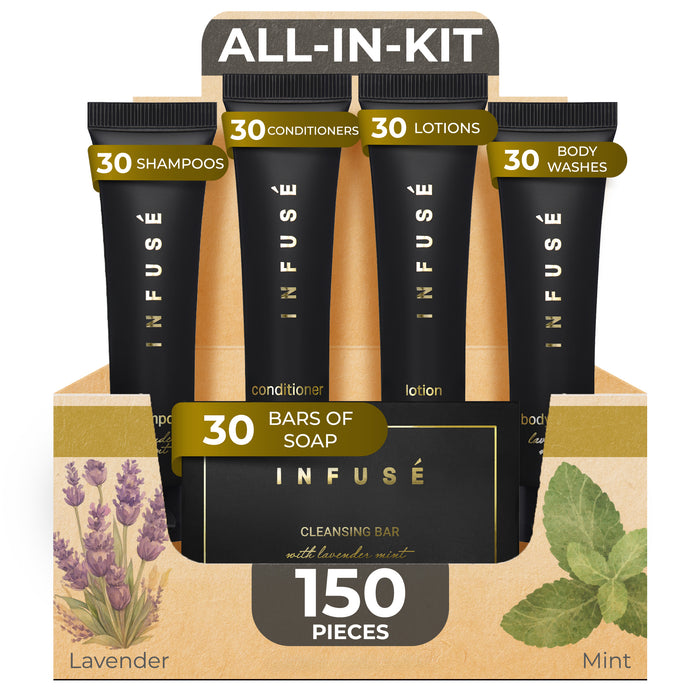 Infuse Black Hotel Soaps and Toiletries Bulk Set | 1-Shoppe All-In-Kit Amenities for Hotels & Airbnb | 1 oz Hotel Shampoo & Conditioner, Body Wash, Lotion & 1.25 oz Bar Soap Travel Size | 150 Pieces