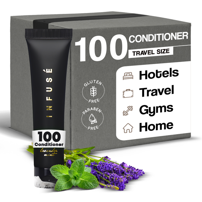 Infuse Black Hotel Toiletries Bulk, Amenities for Guest Hospitality, Motel, AirBnB, Gym, Luxury, Airport | Travel-Size Hotel Conditioner 1 oz (Case of 100)
