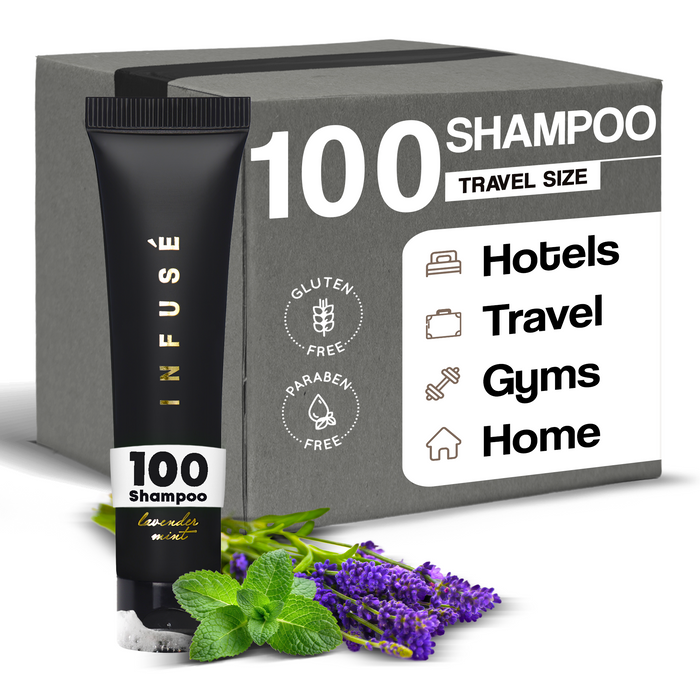 Infuse Black Hotel Toiletries Bulk, Amenities for Guest Hospitality, Motel, AirBnB, Gym, Luxury, Airport | Travel-Size Hotel Shampoo 1 oz (Case of 100)
