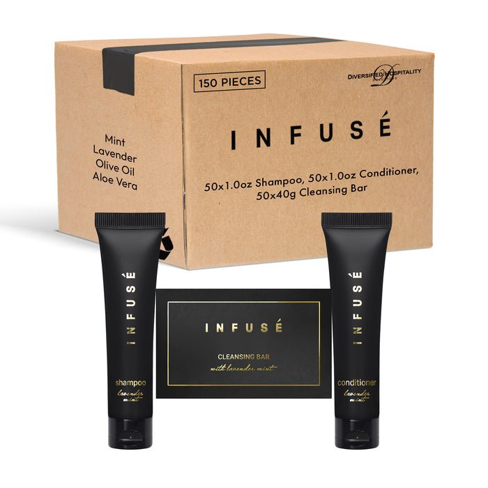 Infuse Black Hotel Soaps and Toiletries Bulk Set | 1-Shoppe All-In-Kit Amenities for Hotels & Airbnb | 1 oz Hotel Shampoo & Conditioner, 1.25 oz Cleansing Bar Travel Size | 150 Pieces