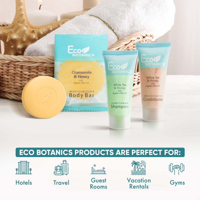 Eco Botanics Hotel Soaps and Toiletries Bulk Set | 1-Shoppe All-In-Kit Amenities for Hotels & Airbnb | 0.85 oz Hotel Shampoo & Conditioner, 0.89 oz Bar Soap Travel Size | 150 Pieces