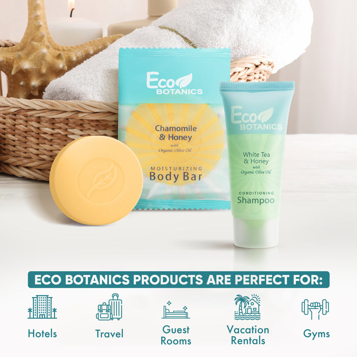 Eco Botanics Hotel Soaps and Toiletries Bulk Set | 1-Shoppe All-In-Kit Amenities for Hotels & Airbnb | 0.85 Conditioning Shampoo & 0.89 oz Bar Soap Travel Size | 100 pieces