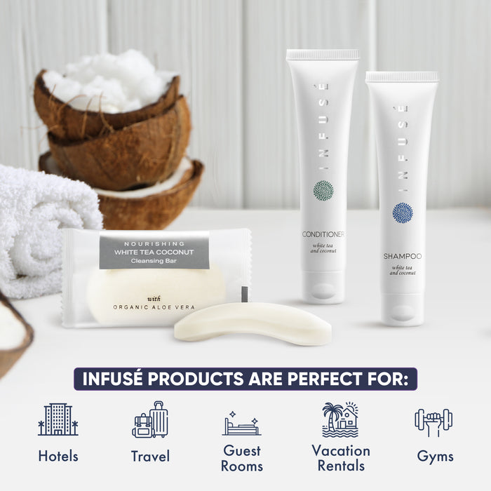Infuse Hotel Soaps and Toiletries Bulk Set | 1-Shoppe All-In-Kit Amenities for Hotels & Airbnb | 1 oz Hotel Shampoo & Conditioner, 40 grams Bar Soap Travel Size | 150 Pieces