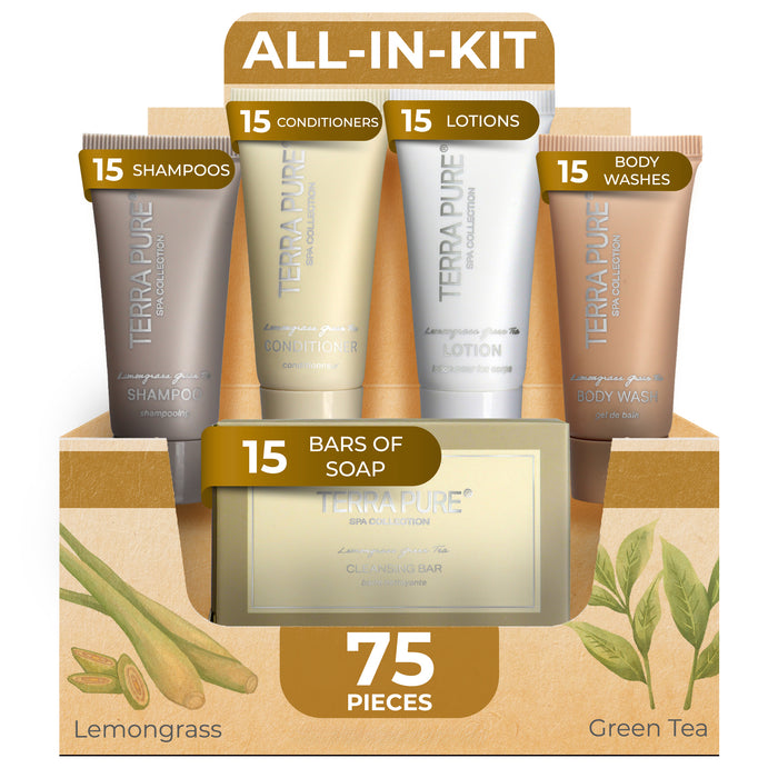 Terra Pure Spa Collection Bulk Set Toiletries | 1-Shoppe All-In-Kit Amenities for Hotels & Airbnb | 0.85 oz Hotel Shampoo & Conditioner, Body Wash, Lotion & Cleansing Bar Travel Size Tubes| 75 Pieces