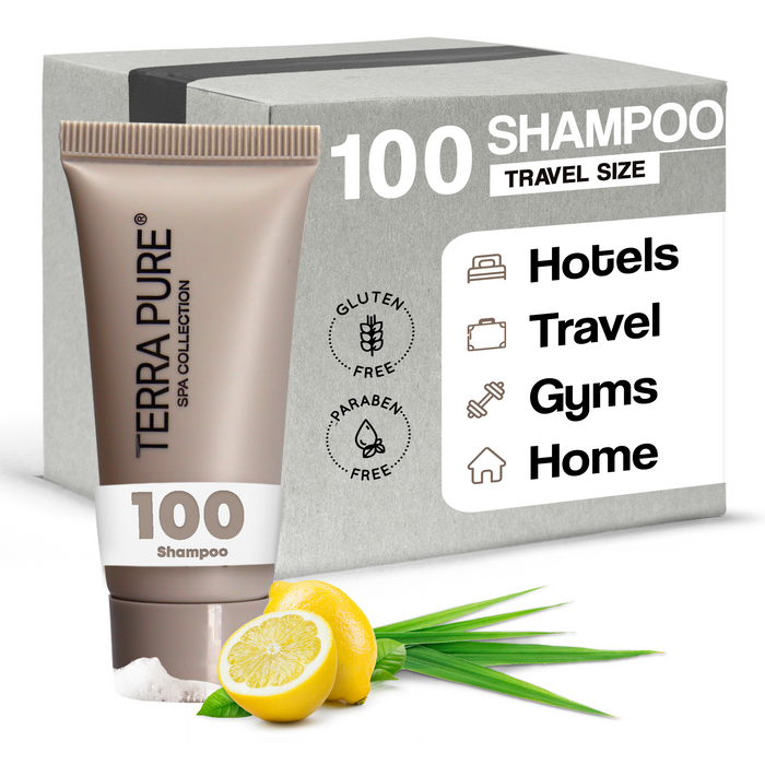 Terra Pure Spa Collection Bulk Set Toiletries | Amenities for Guest Hospitality, Vacation Rental Properties, AirBnBs, Gyms, Airport |Luxury Travel-Size Hotel Shampoo 0.85 oz Tubes (Case of 100)