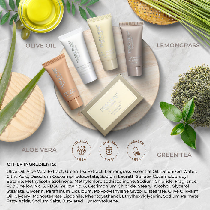Terra Pure Spa Collection Amenity Kit | Hotel Toiletries | Bulk Set 1 oz Travel Size Shampoo, Conditioner, Lotion, Body Wash & Massage Bar for Guest Hospitality AirBnB/Vacation Rentals | 1 set/ case