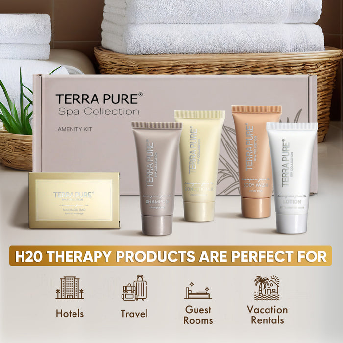 Terra Pure Spa Collection Amenity Kit | Hotel Toiletries | Bulk Set 1 oz Travel Size Shampoo, Conditioner, Lotion, Body Wash & Massage Bar for Guest Hospitality AirBnB/Vacation Rentals | 1 set/ case