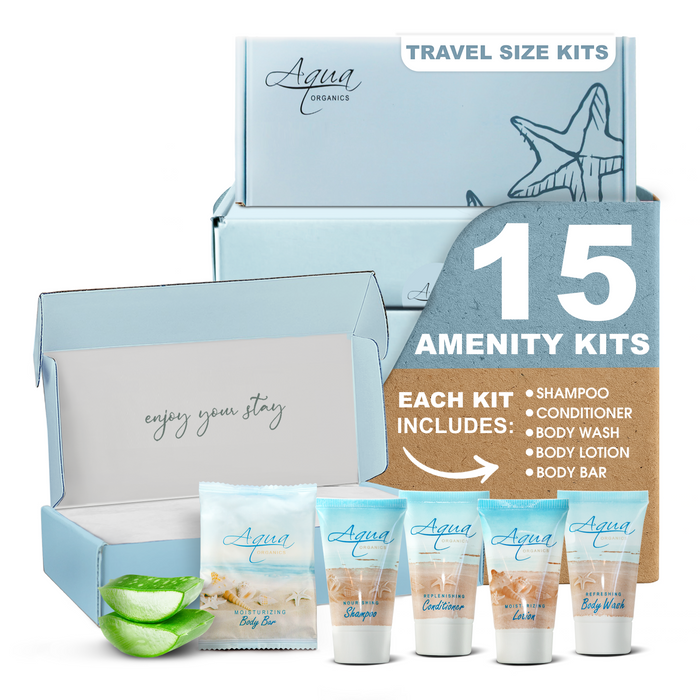 Aqua Organics Amenity Kit | Boxed Hotel Toiletries | Bulk Set 1 oz Travel Size Shampoo, Conditioner, Lotion, Body Wash & Body Bar Soap for Guest Hospitality AirBnB/Vacation Rentals | 15 sets per case
