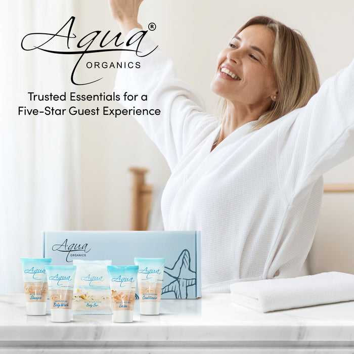 Aqua Organics Amenity Kit | Boxed Hotel Toiletries | Bulk Set 1 oz Travel Size Shampoo, Conditioner, Lotion, Body Wash & Body Bar Soap for Guest Hospitality AirBnB/Vacation Rentals | 15 sets per case