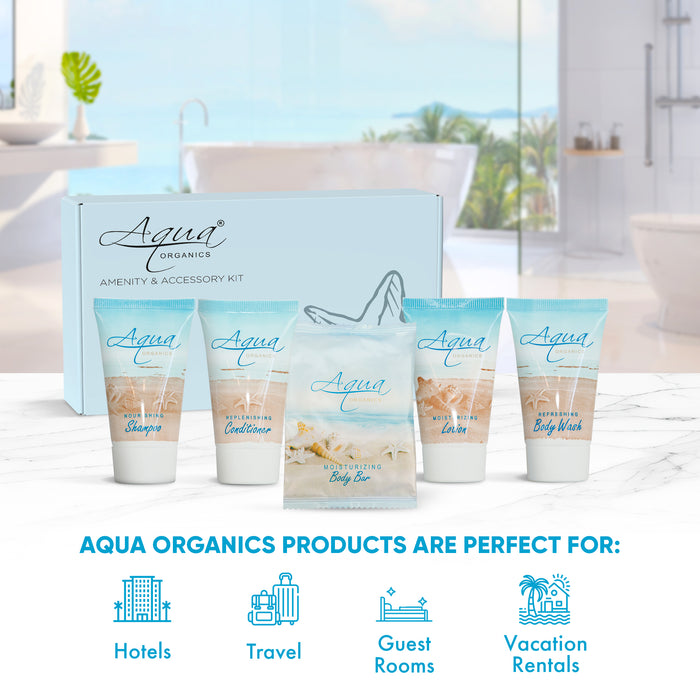 Aqua Organics Amenity Kit | Boxed Hotel Toiletries | Bulk Set 1 oz Travel Size Shampoo, Conditioner, Lotion, Body Wash & Body Bar Soap for Guest Hospitality AirBnB/Vacation Rentals | 15 sets per case