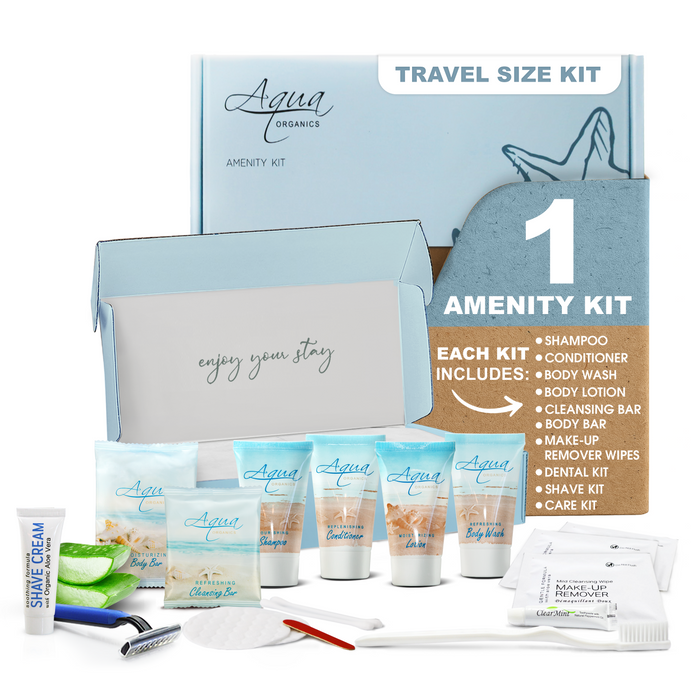 Aqua Organics Amenity & Accessory Kit | 1 oz Travel Size Shampoo, Conditioner, Lotion, Body Wash, Body Bar, Cleansing Bar, Shave & Dental Sets, Make-Up Remover Wipes, & Vanity Kit | 1 set per case